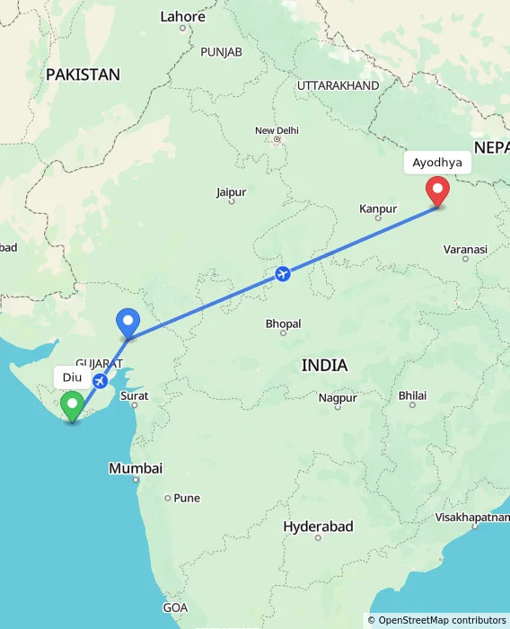 Route map showing distance and travel time from Diu, India to Ayodhya, India