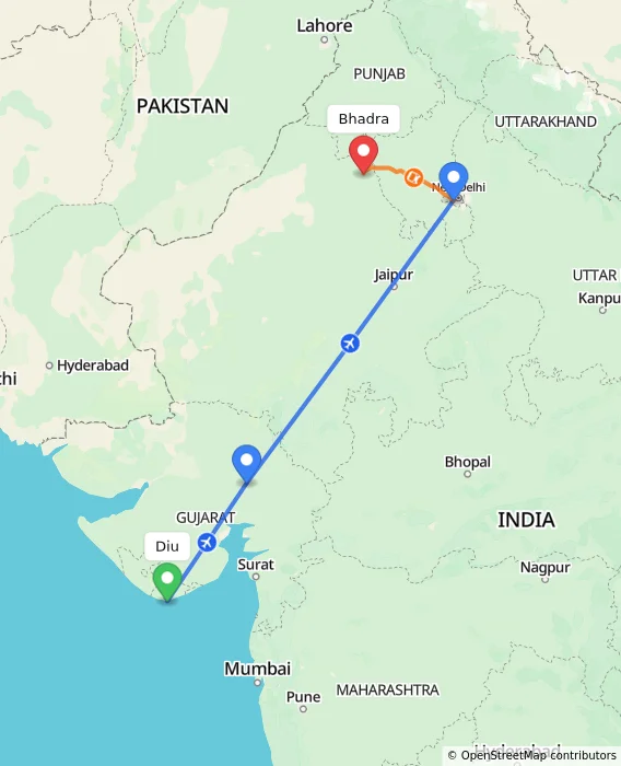 Route map showing distance and travel time from Diu, India to Bhadra, India