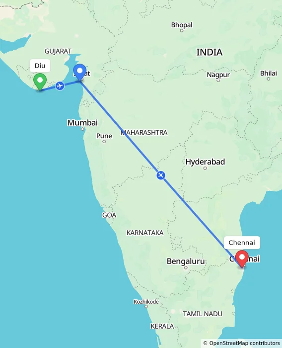 Route map showing distance and travel time from Diu, India to Chennai, India