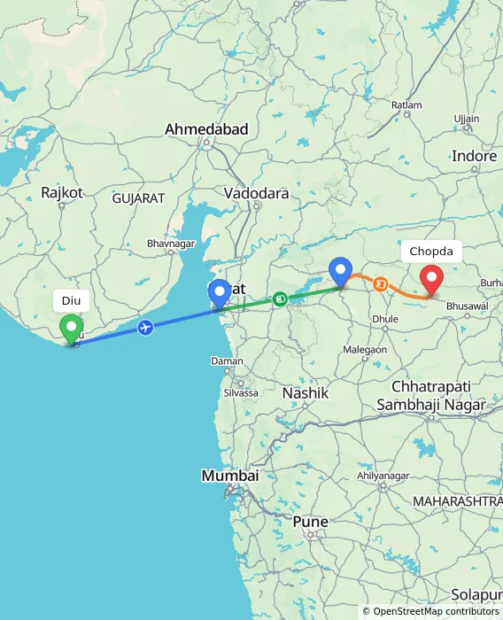 Route map showing distance and travel time from Diu, India to Chopda, India
