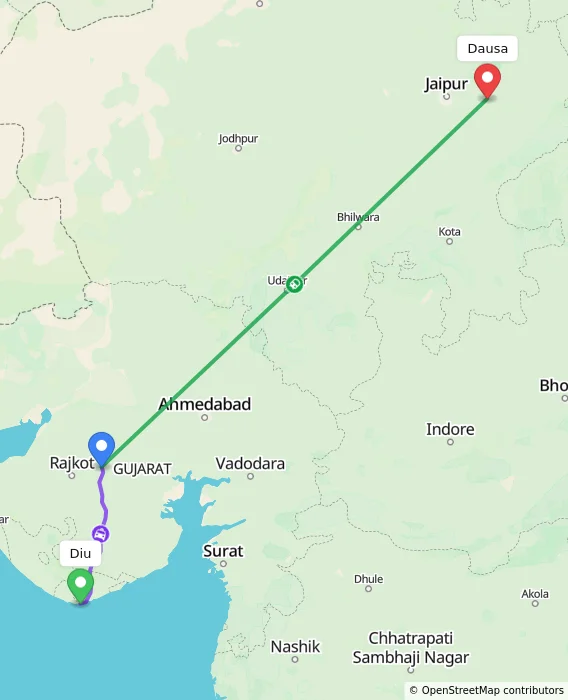 Route map showing distance and travel time from Diu, India to Dausa, India