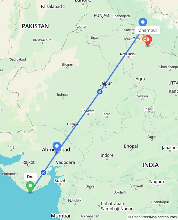 Route map showing distance and travel time from Diu, India to Dhampur, India