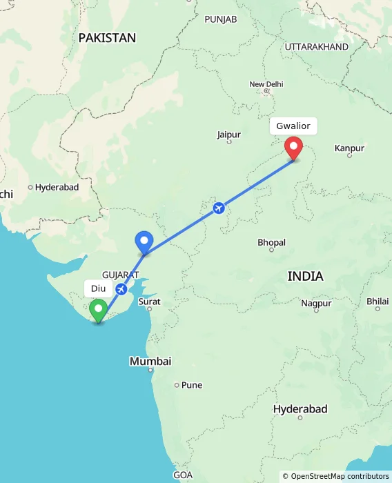 Route map showing distance and travel time from Diu, India to Gwalior, India