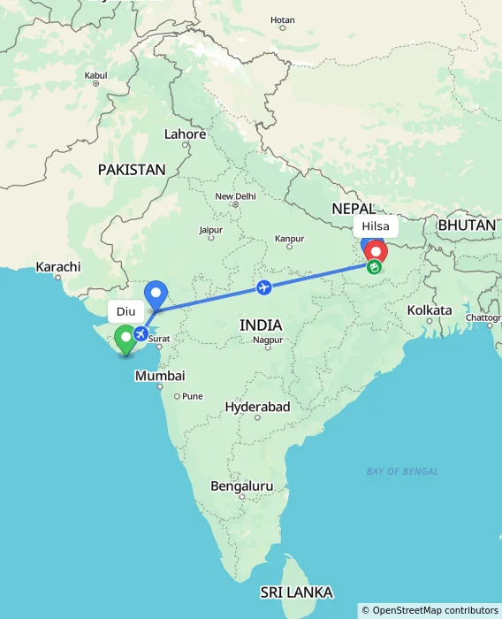 Route map showing distance and travel time from Diu, India to Hilsa, India