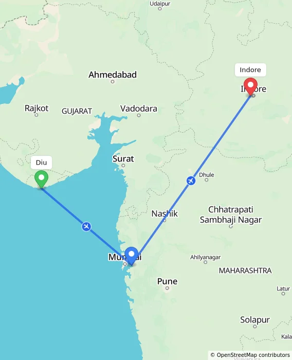 Route map showing distance and travel time from Diu, India to Indore, India