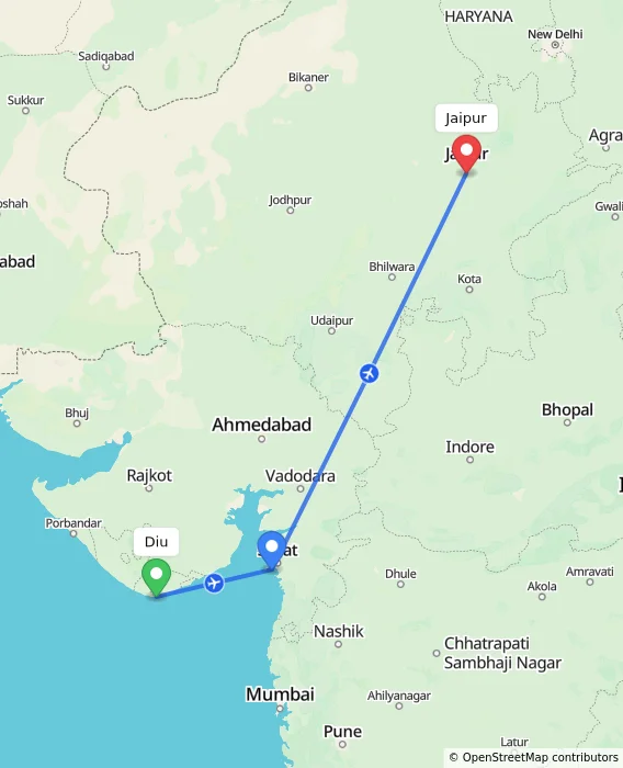 Route map showing distance and travel time from Diu, India to Jaipur, India