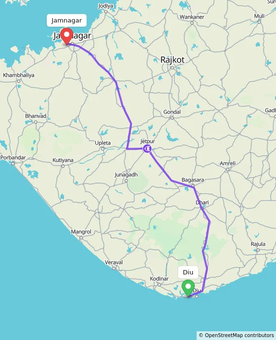 Route map showing distance and travel time from Diu, India to Jamnagar, India