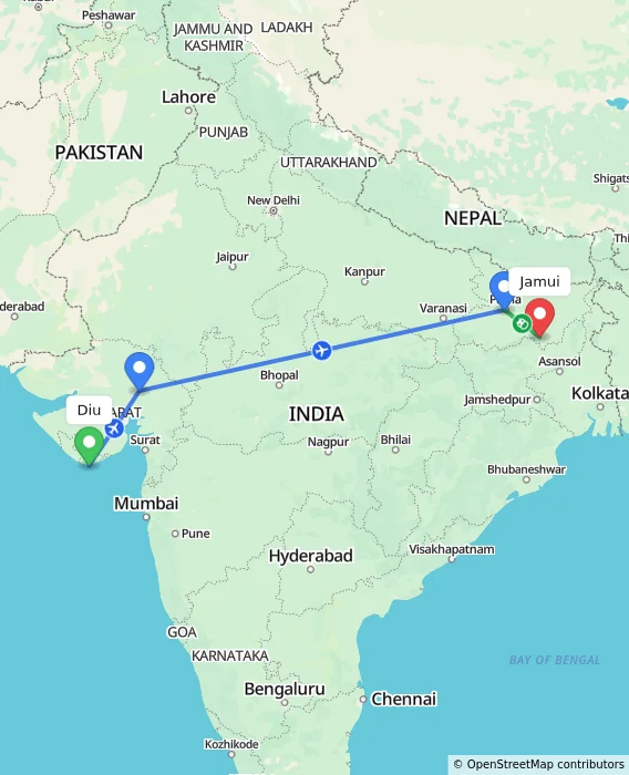 Route map showing distance and travel time from Diu, India to Jamui, India