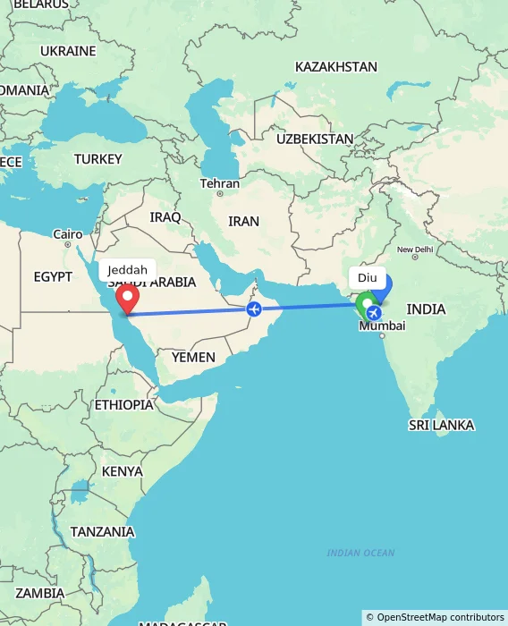 Route map showing distance and travel time from Diu, India to Jeddah, Saudi Arabia