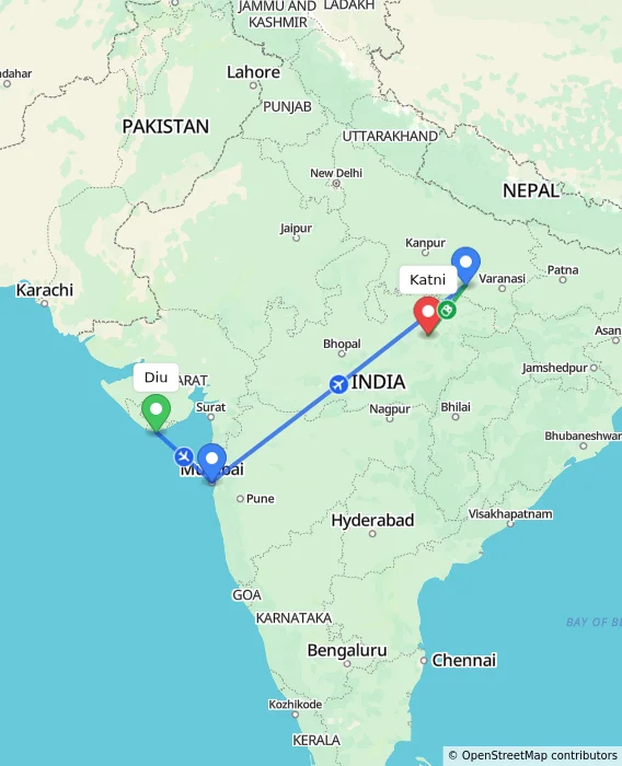 Route map showing distance and travel time from Diu, India to Katni, India