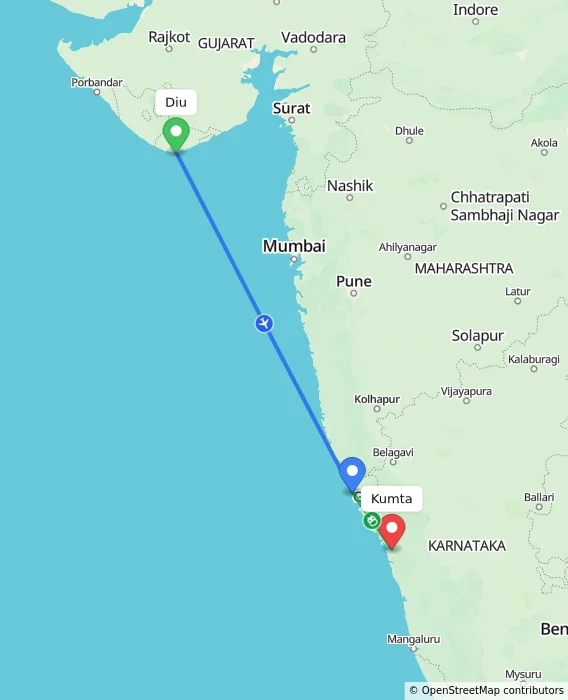 Route map showing distance and travel time from Diu, India to Kumta, India