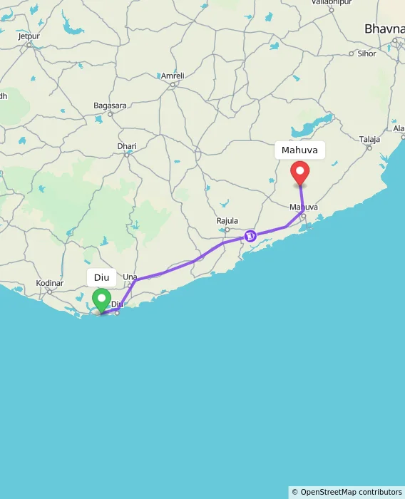 Route map showing distance and travel time from Diu, India to Mahuva, India