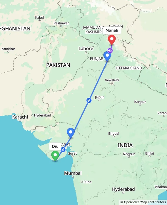 Route map showing distance and travel time from Diu, India to Manali, India