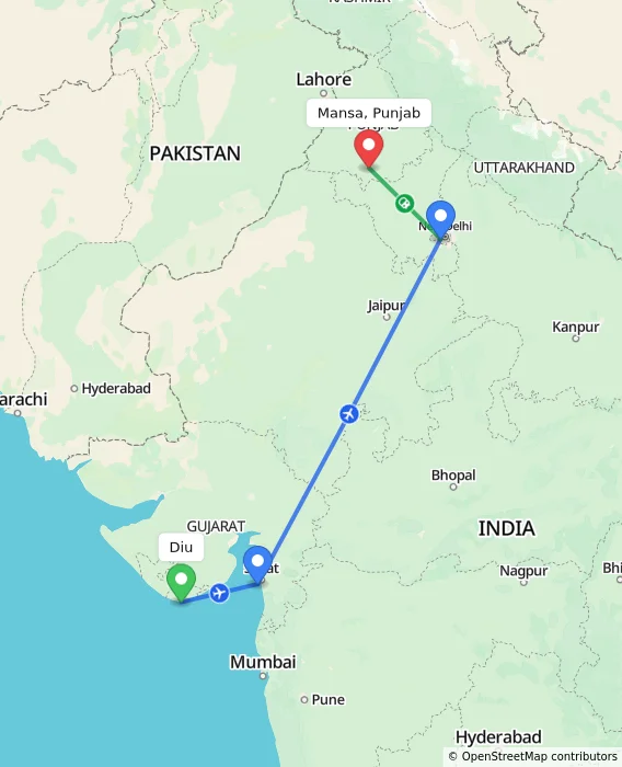 Route map showing distance and travel time from Diu, India to Mansa, Punjab, India