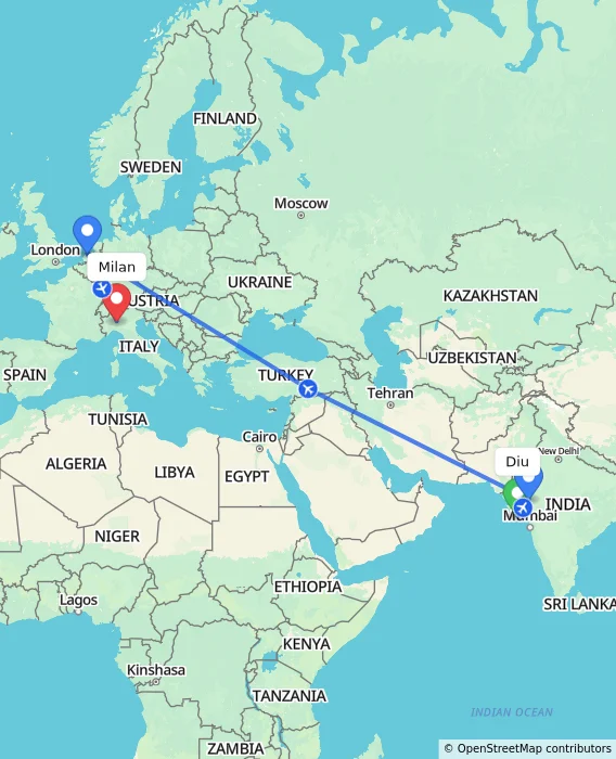 Route map showing distance and travel time from Diu, India to Milan, Italy