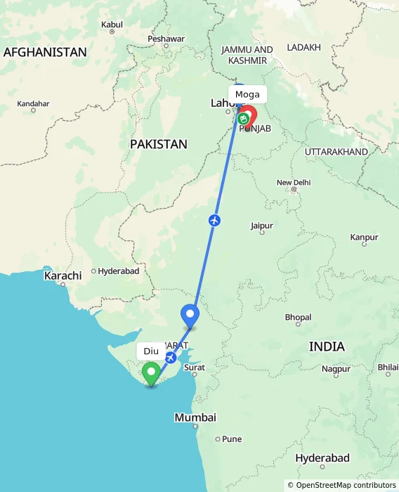Route map showing distance and travel time from Diu, India to Moga, India
