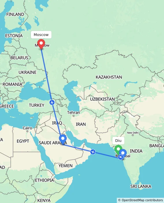 Route map showing distance and travel time from Diu, India to Moscow, Russian Federation