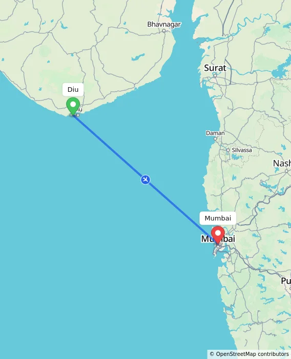 Route map showing distance and travel time from Diu, India to Mumbai, India