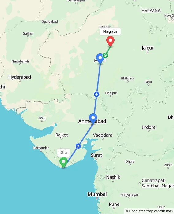 Route map showing distance and travel time from Diu, India to Nagaur, India