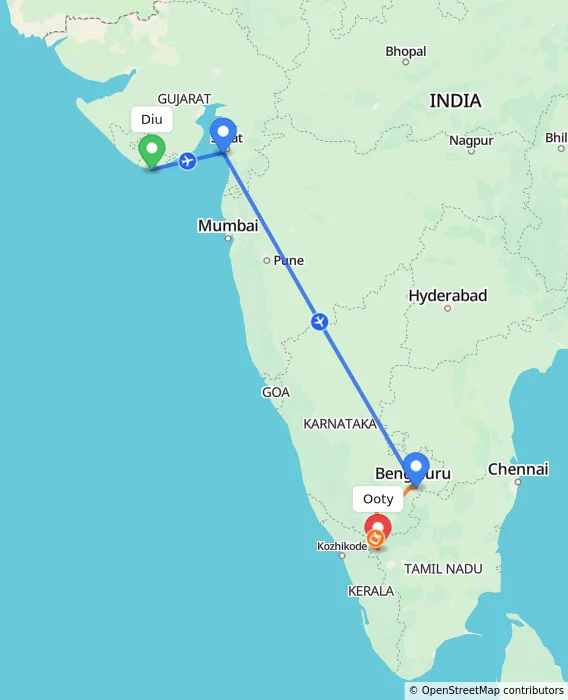 Route map showing distance and travel time from Diu, India to Ooty, India