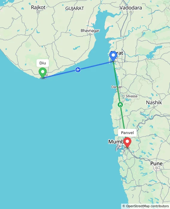 Route map showing distance and travel time from Diu, India to Panvel, India