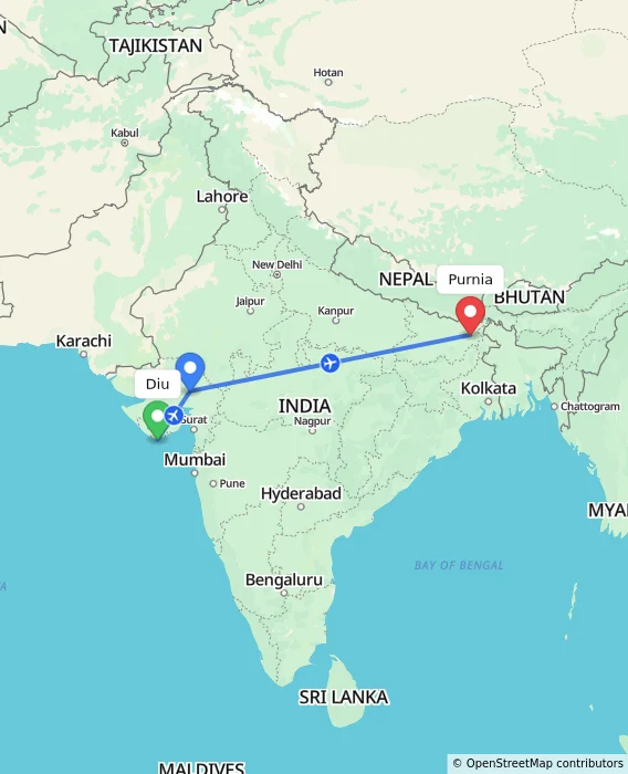 Route map showing distance and travel time from Diu, India to Purnia, India