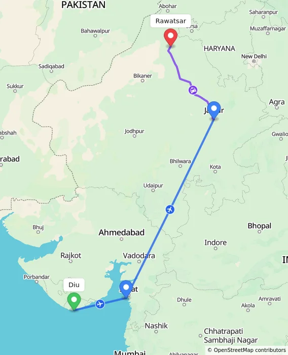 Route map showing distance and travel time from Diu, India to Rawatsar, India