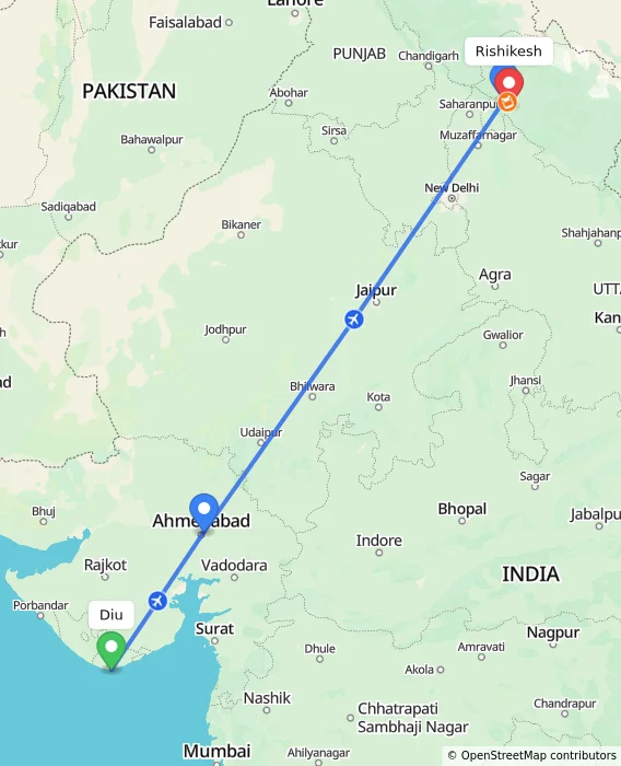 Route map showing distance and travel time from Diu, India to Rishikesh, India