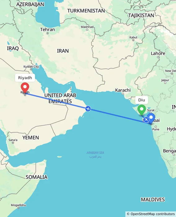 Route map showing distance and travel time from Diu, India to Riyadh, Saudi Arabia