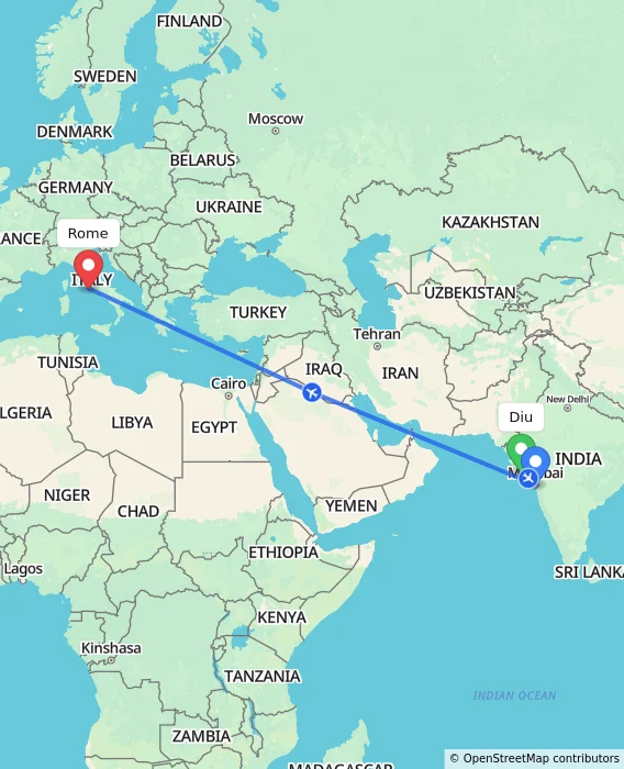 Route map showing distance and travel time from Diu, India to Rome, Italy