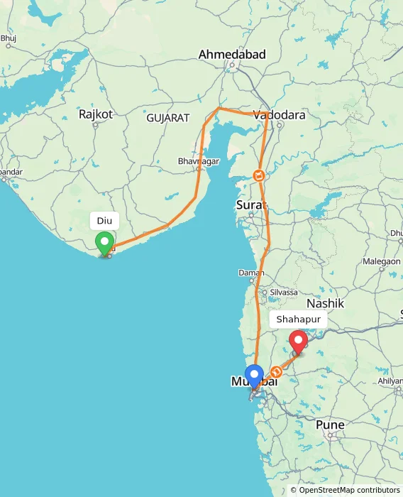 Route map showing distance and travel time from Diu, India to Shahapur, India