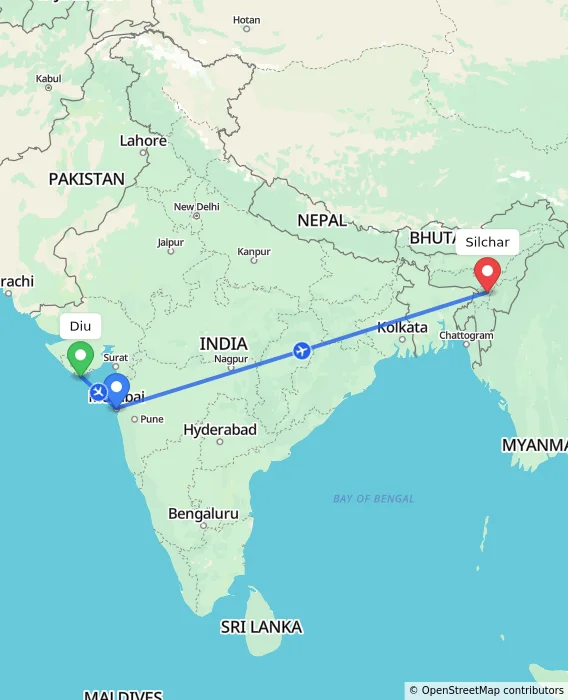 Route map showing distance and travel time from Diu, India to Silchar, India