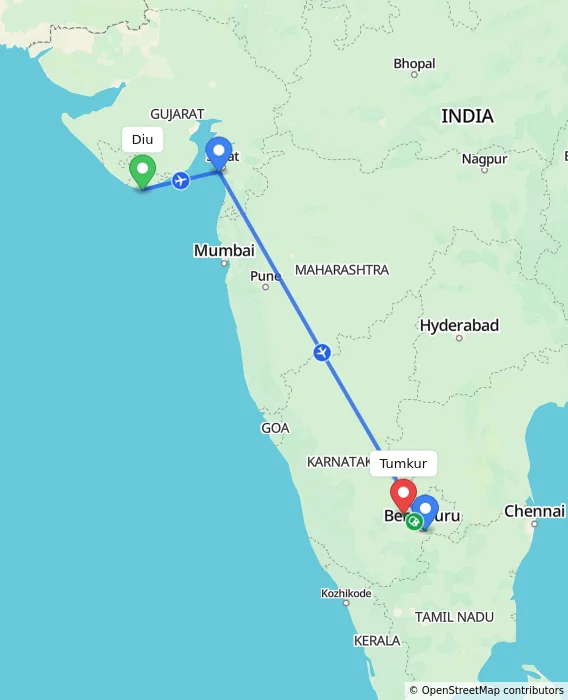 Route map showing distance and travel time from Diu, India to Tumkur, India