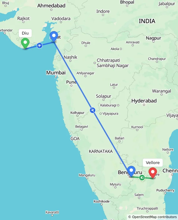 Route map showing distance and travel time from Diu, India to Vellore, India