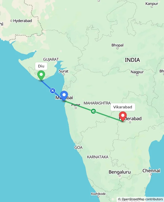 Route map showing distance and travel time from Diu, India to Vikarabad, India