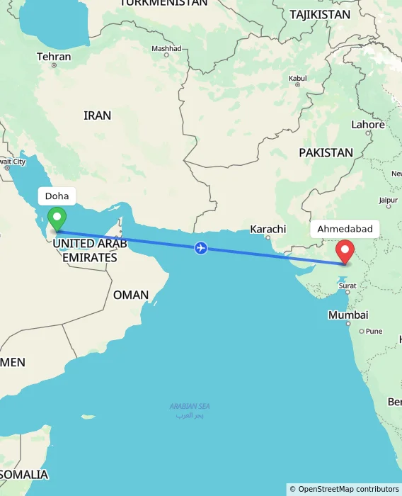 Route map showing distance and travel time from Doha, Qatar to Ahmedabad, India