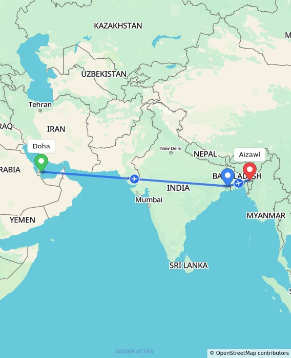 Route map showing distance and travel time from Doha, Qatar to Aizawl, India