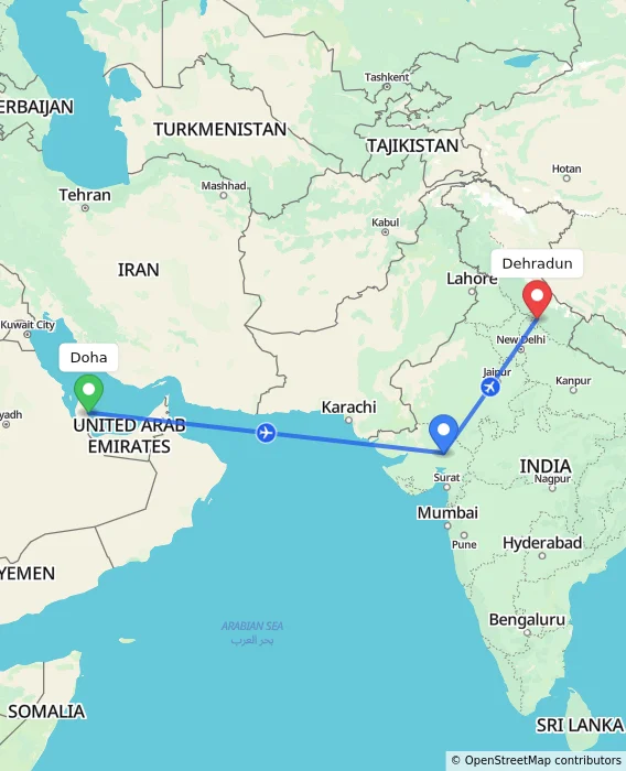 Route map showing distance and travel time from Doha, Qatar to Dehradun, India
