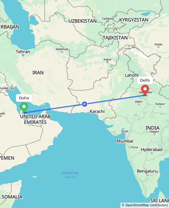 Route map showing distance and travel time from Doha, Qatar to Delhi, India