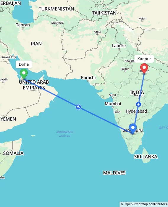 Route map showing distance and travel time from Doha, Qatar to Kanpur, India