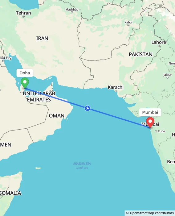 Route map showing distance and travel time from Doha, Qatar to Mumbai, India
