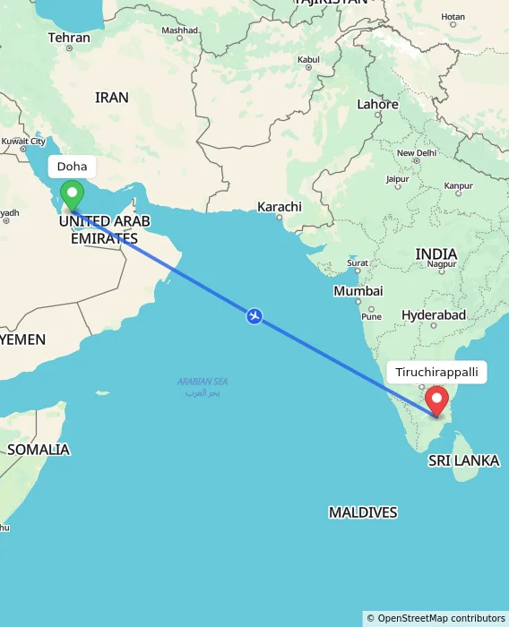 Route map showing distance and travel time from Doha, Qatar to Tiruchirappalli, India