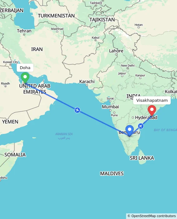 Route map showing distance and travel time from Doha, Qatar to Visakhapatnam, India