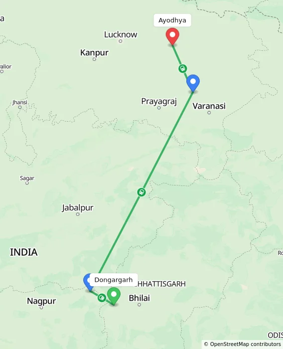 Route map showing distance and travel time from Dongargarh, India to Ayodhya, India