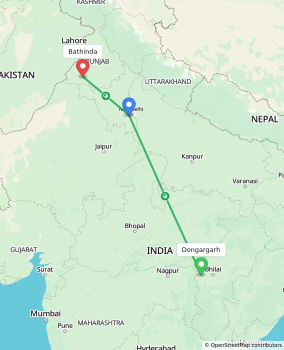 Route map showing distance and travel time from Dongargarh, India to Bathinda, India