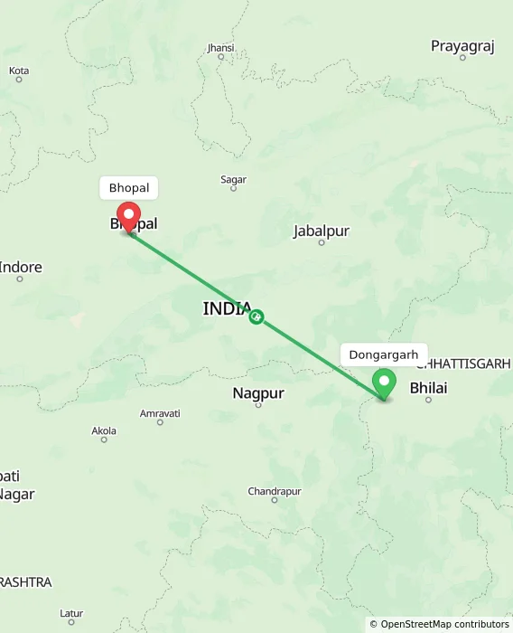 Route map showing distance and travel time from Dongargarh, India to Bhopal, India