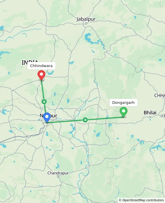 Route map showing distance and travel time from Dongargarh, India to Chhindwara, India