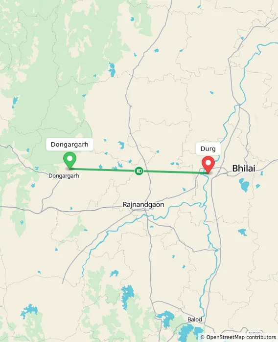Route map showing distance and travel time from Dongargarh, India to Durg, India