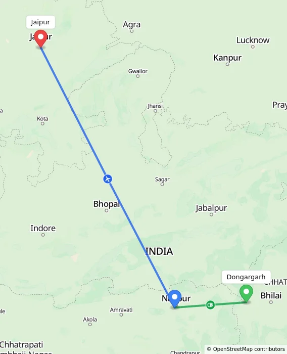 Route map showing distance and travel time from Dongargarh, India to Jaipur, India