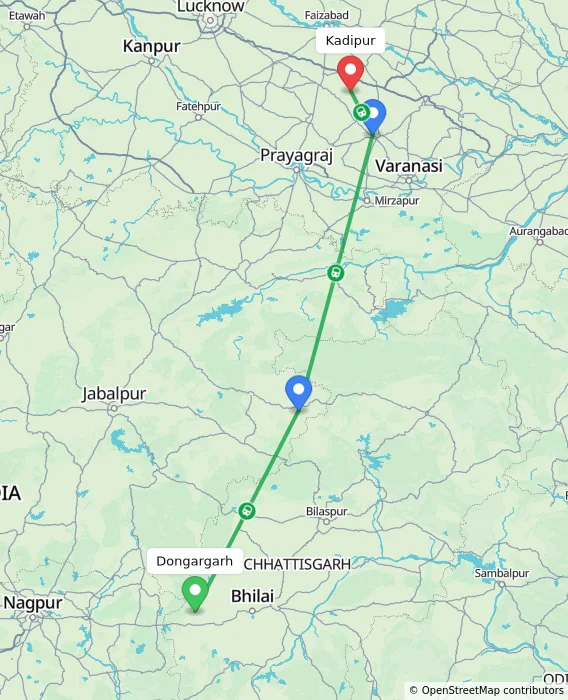 Route map showing distance and travel time from Dongargarh, India to Kadipur, India